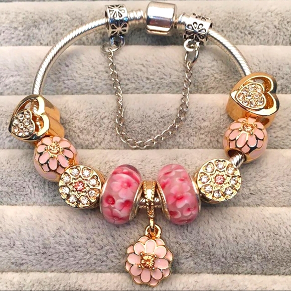 Silver & Pink Peony Flower Charm Bracelet, 16 CM - Picture 4 of 4